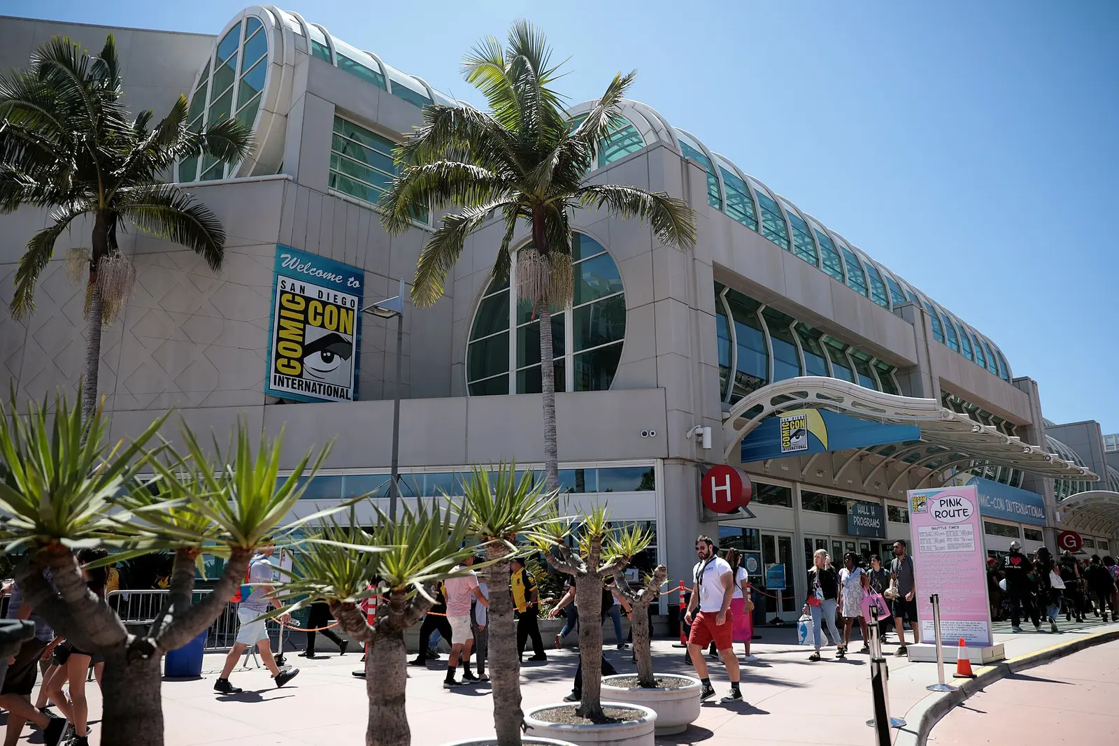 San Diego Convention Center with Comic-Con banners and palm trees during Comic-Con 2019