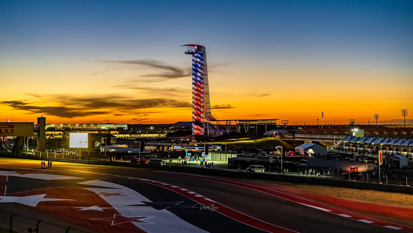 Circuit of the Americas observation tower and track at sunset during the 2021 United States Grand Prix