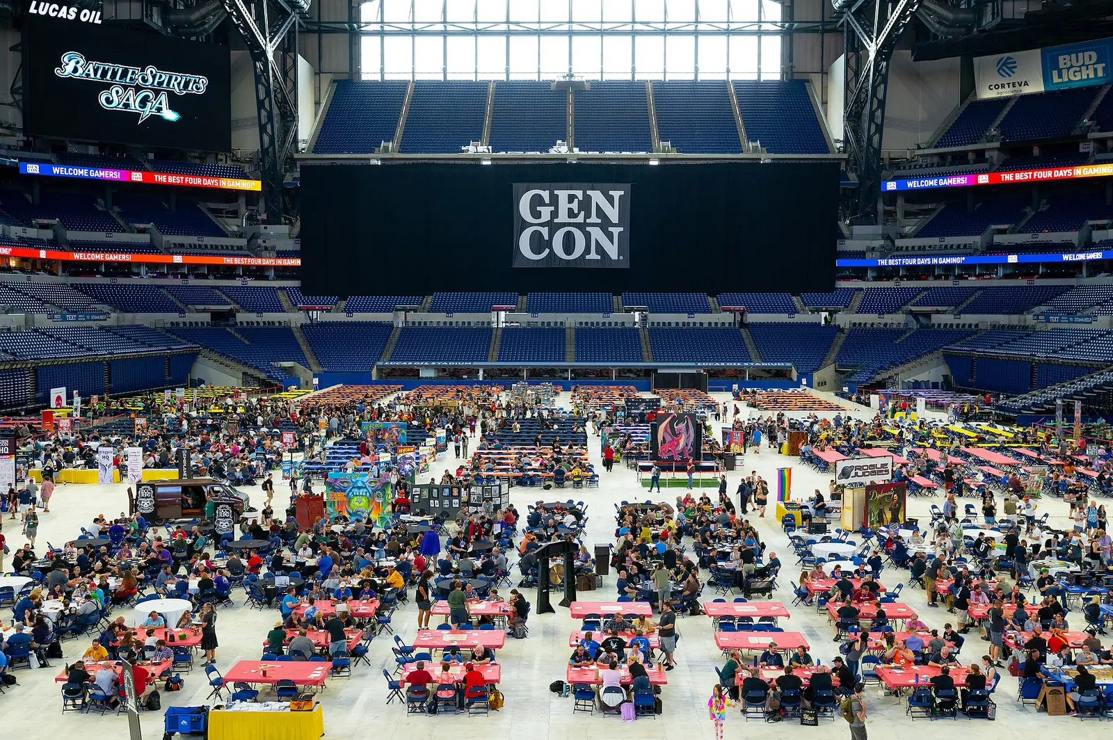 Rows of gaming tables on the floor of Lucas Oil Stadium during Gen Con Indy 2023