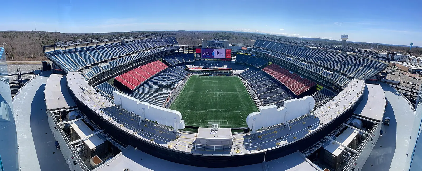 Wide aerial-style panorama of the bowl of Gillette Stadium in Foxborough, Massachusetts