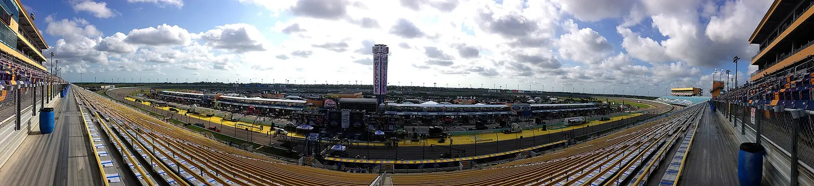 Panoramic view of the grandstands and tower at Homestead-Miami Speedway, Florida