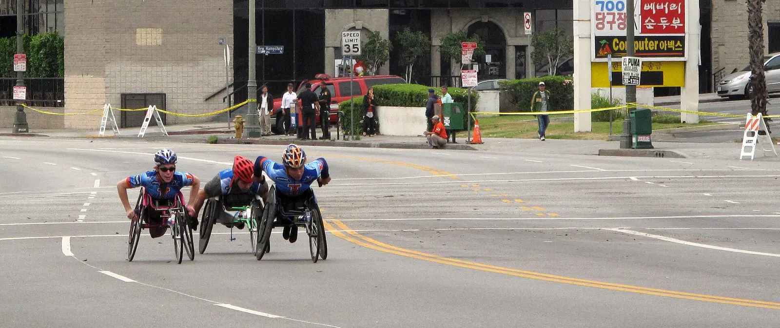 Wheelchair racers on a Los Angeles street during the Los Angeles Marathon