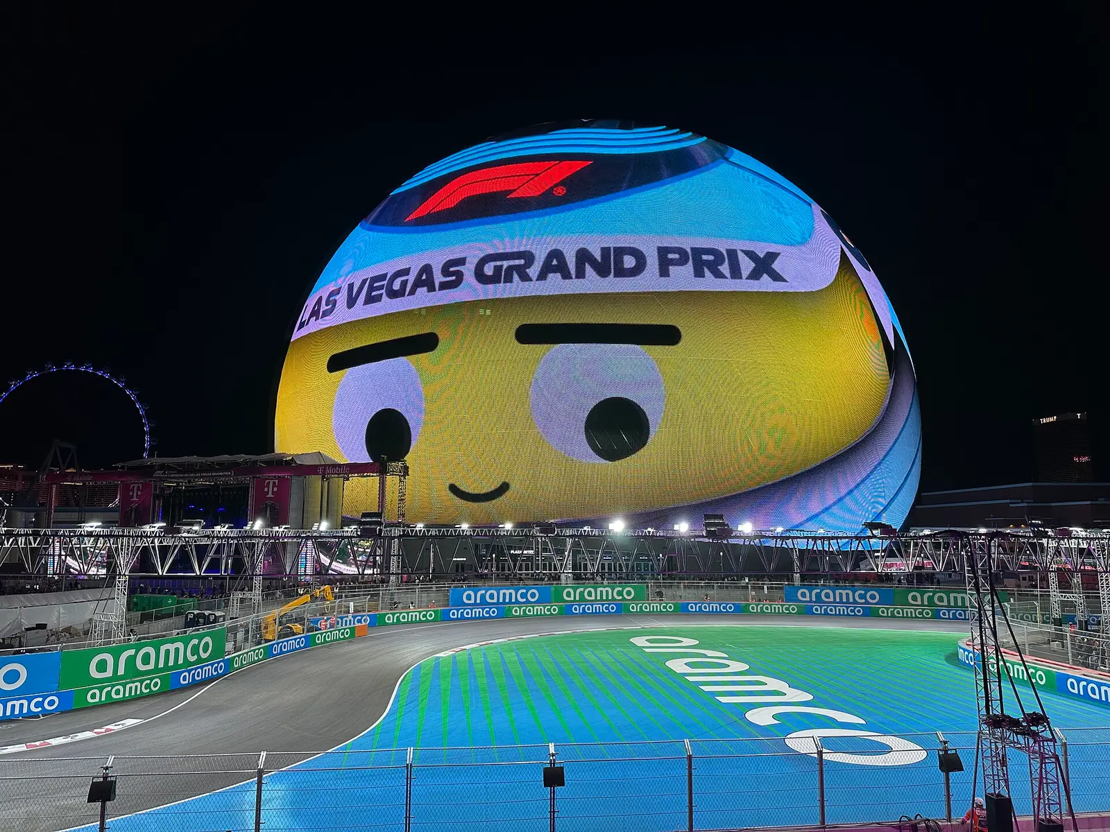 Track edge and the Sphere during the 2024 Las Vegas Grand Prix weekend