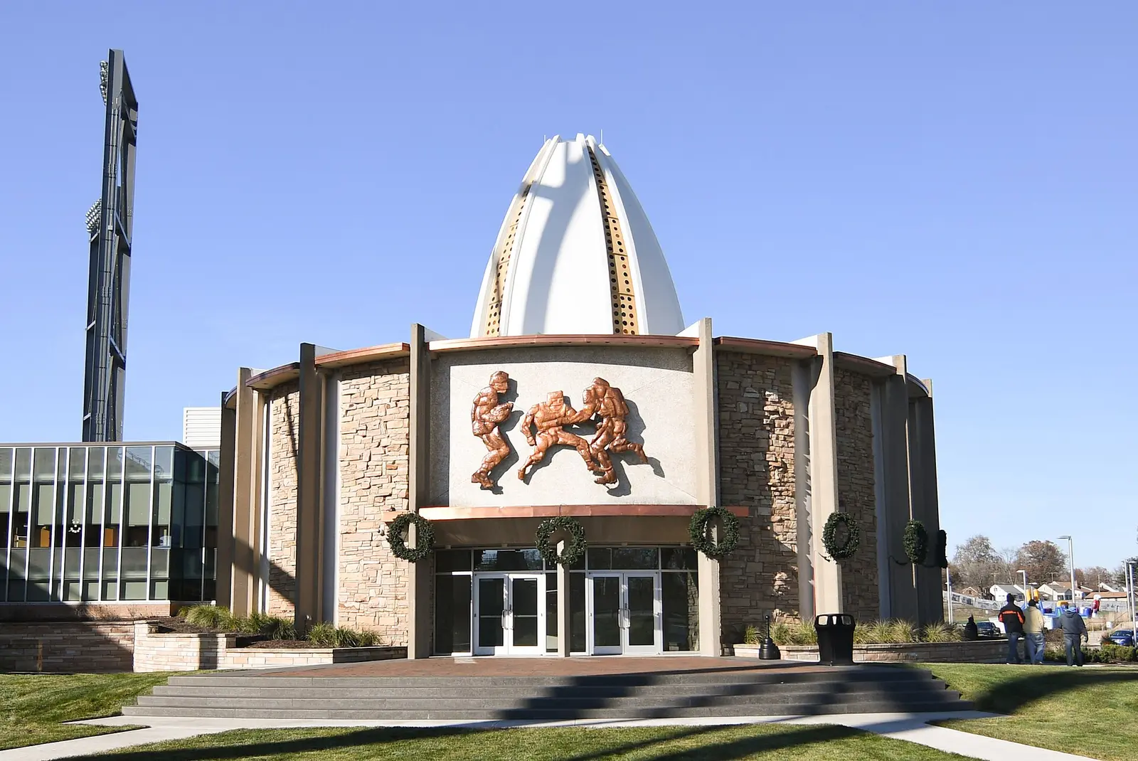 Entrance and tower of the Pro Football Hall of Fame in Canton, Ohio