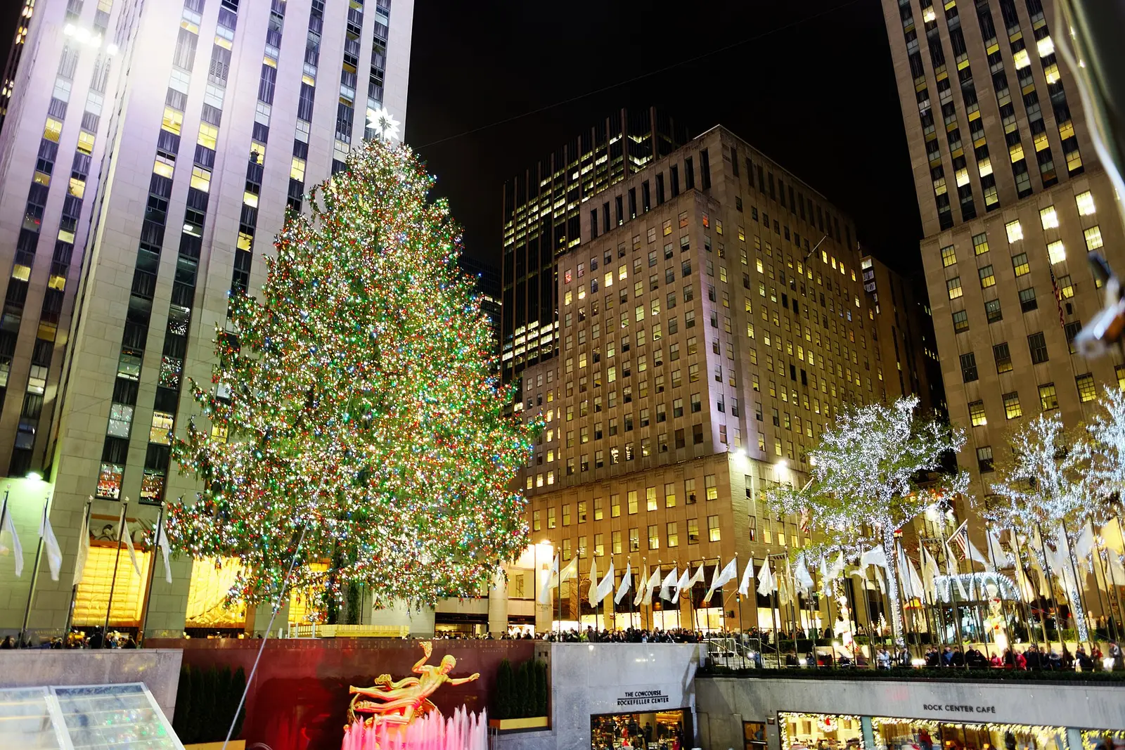 The lit Rockefeller Center Christmas Tree and illuminated angels at night in Midtown Manhattan