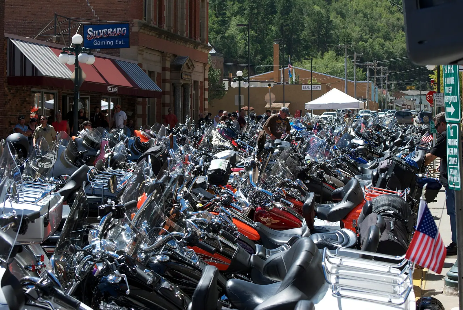 Rows of motorcycles parked along a Main Street in Sturgis, South Dakota, during the 2010 rally